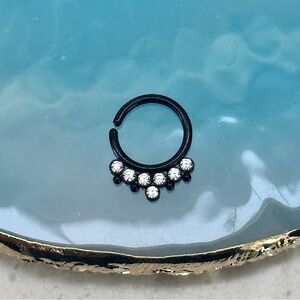 Black Titanium PVD Clear Gems Split Ring for Septum Piercings Daith Hoop 16g